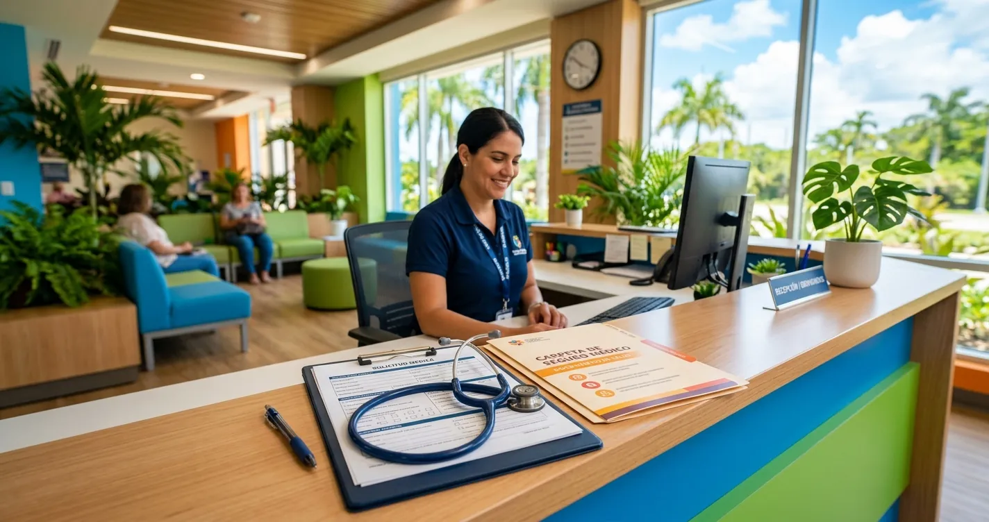 Cómo solicitar la Reforma de Salud en Puerto Rico - mostrador de oficina con formulario de Plan Vital y estetoscopio