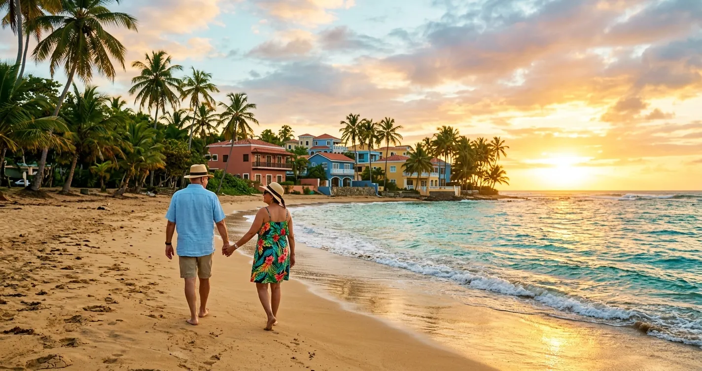 Mejores lugares para jubilarse en Puerto Rico - Pareja jubilada disfrutando de playa caribeña al atardecer