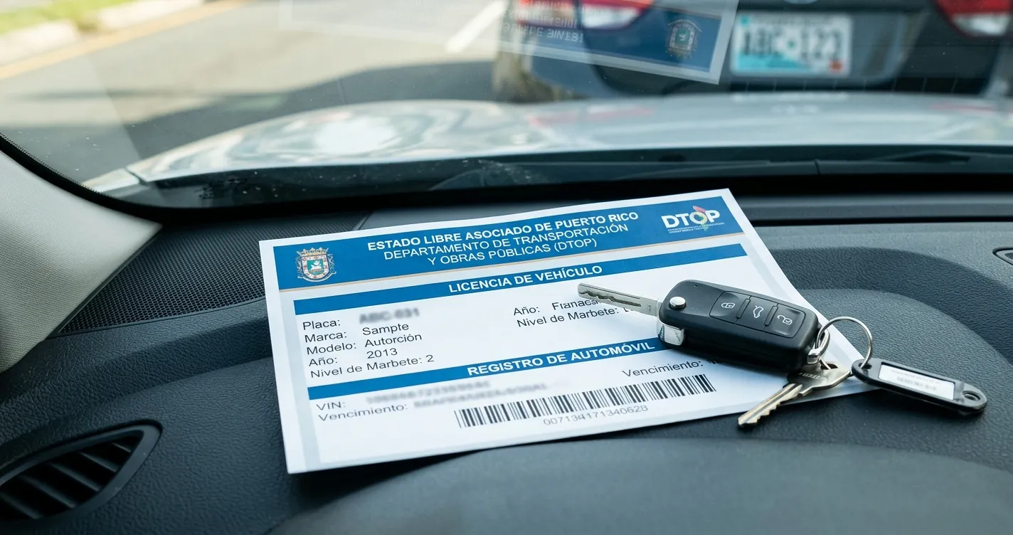 Licencia de vehículo en Puerto Rico — Documento de registro emitido por el DTOP
