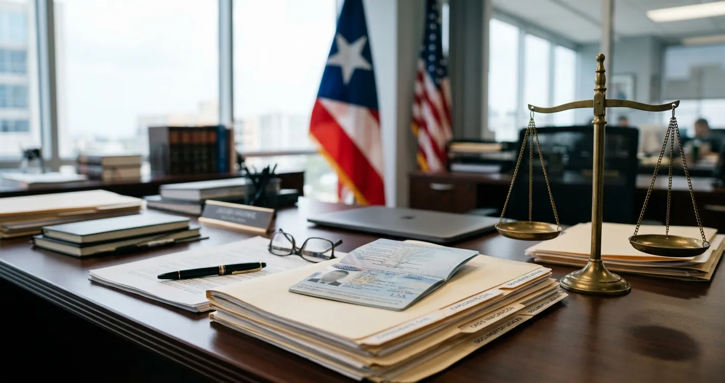 Abogados de inmigración en Puerto Rico - Escritorio de oficina legal con pasaporte estadounidense y documentos migratorios