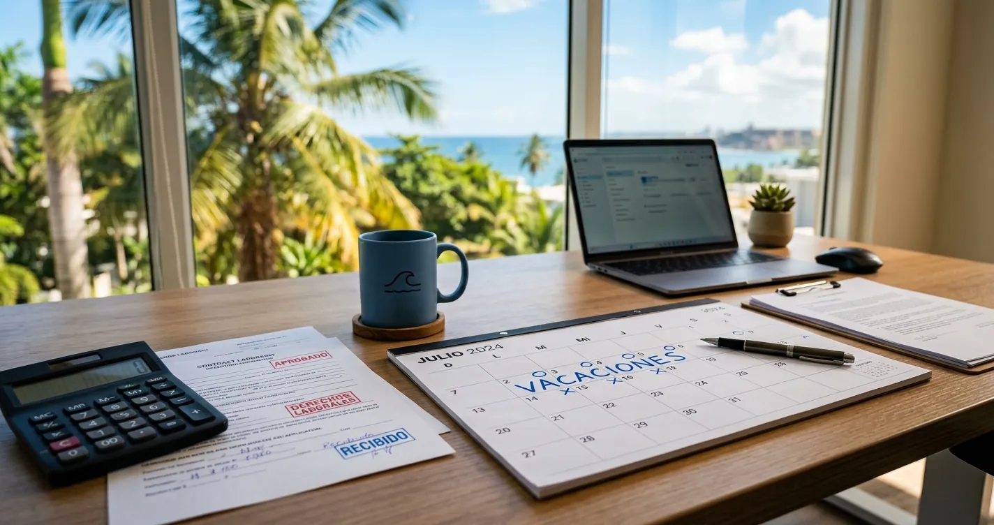 Ley de vacaciones en Puerto Rico - Calendario, calculadora y documentos laborales sobre escritorio con vista a palmeras