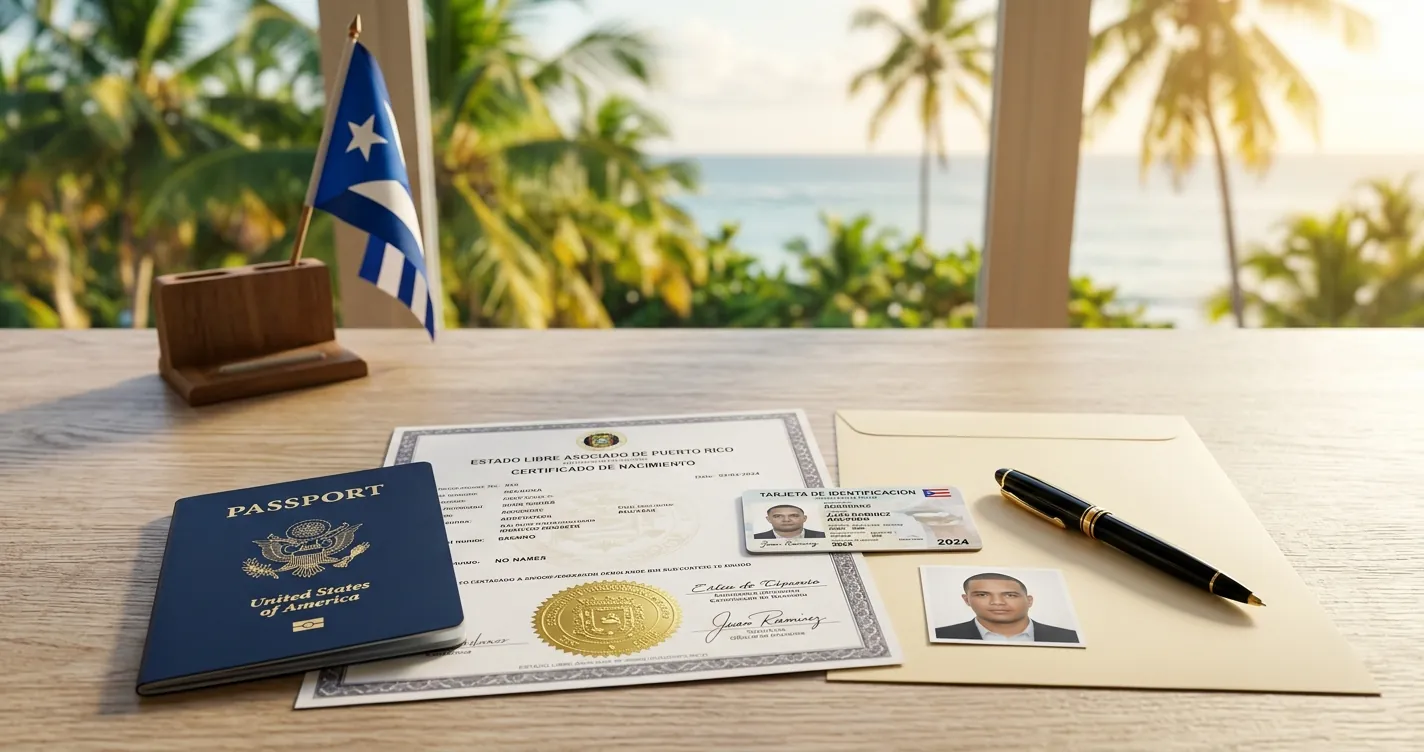 Documentos para sacar pasaporte en Puerto Rico - Pasaporte estadounidense, certificado de nacimiento, identificacion y foto sobre escritorio con bandera de PR al fondo
