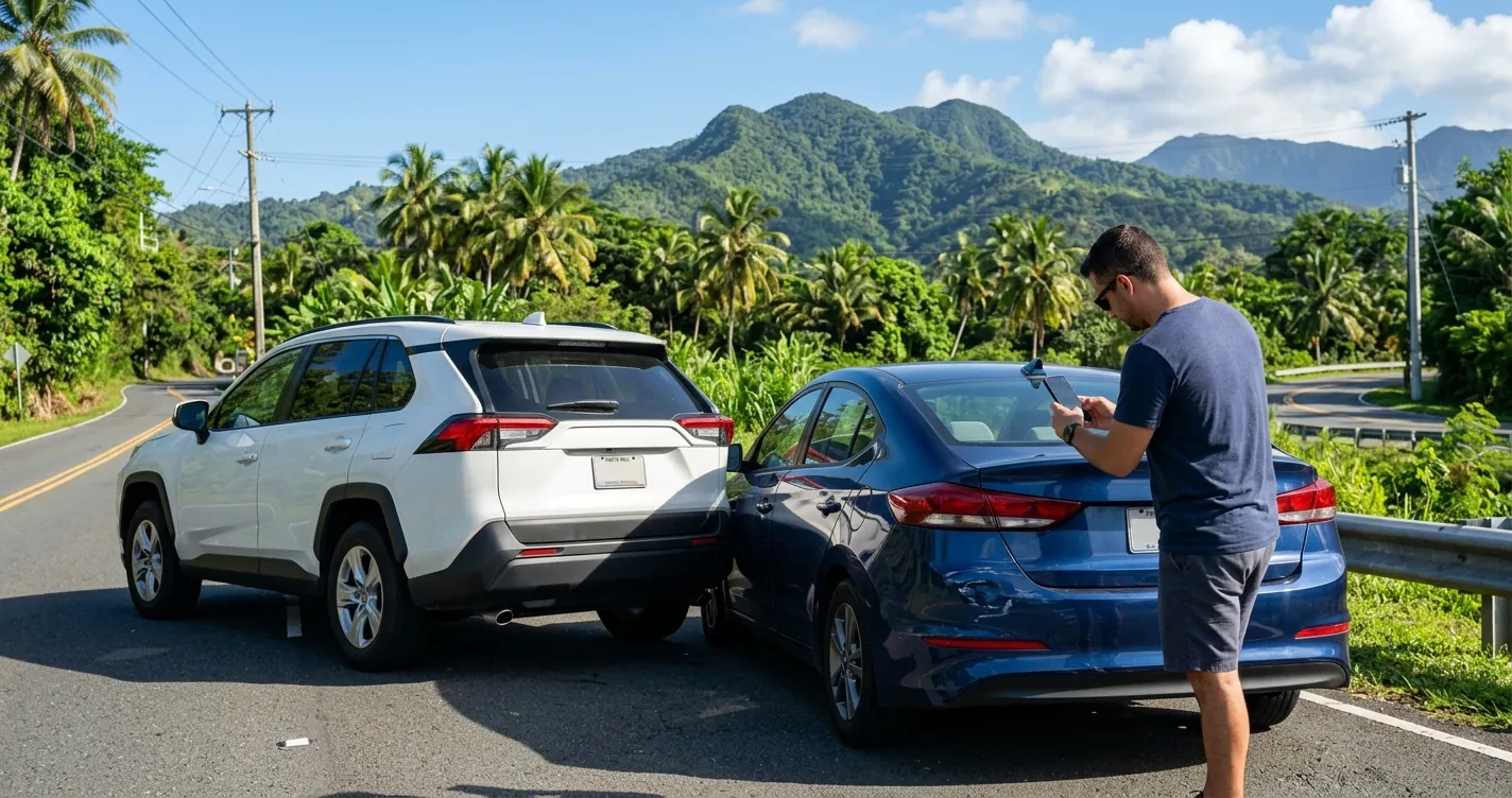 Reclamo de seguro de auto en Puerto Rico tras accidente - conductor documentando daños del vehículo