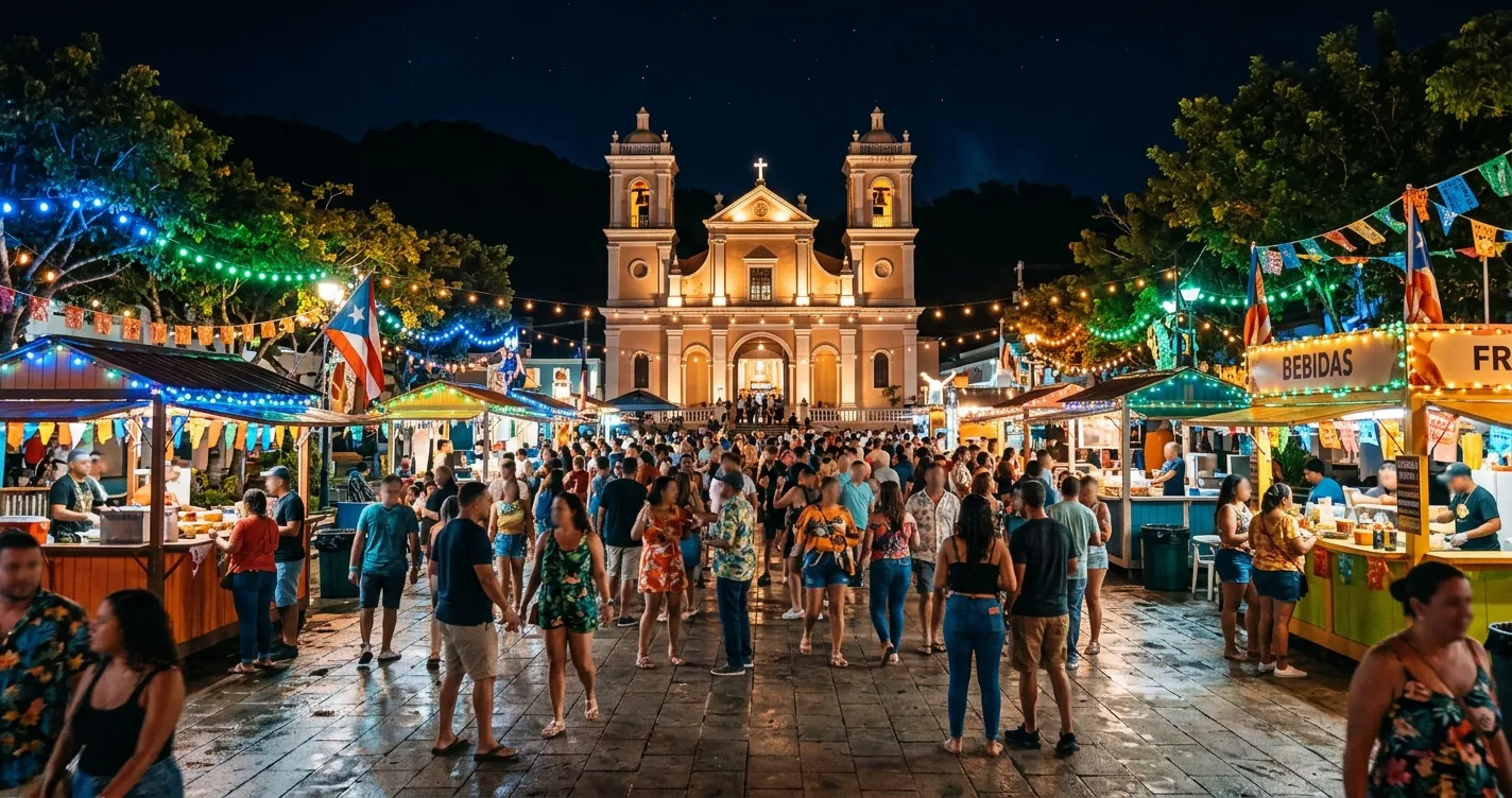 Calendario de fiestas patronales en Puerto Rico - plaza de pueblo iluminada durante las fiestas