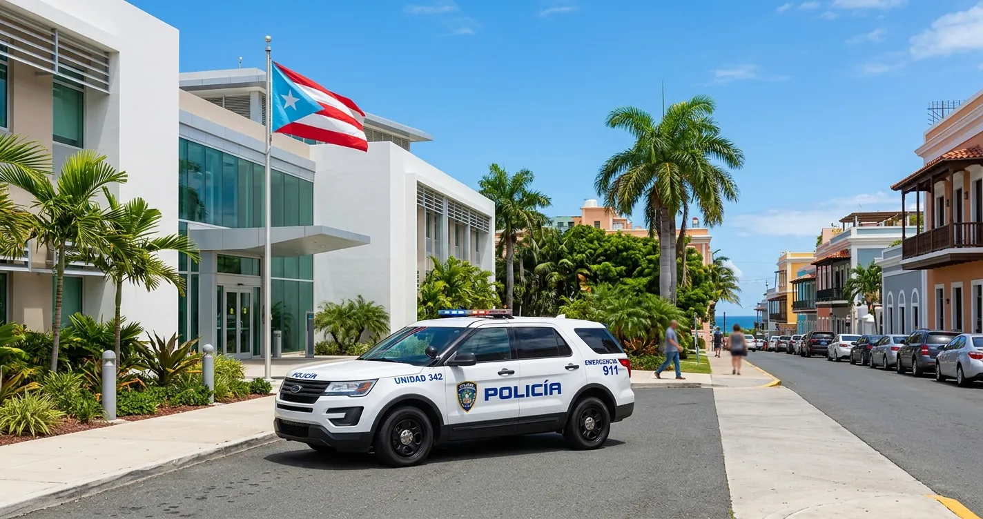 Patrulla de la Policía de Puerto Rico frente a un cuartel estatal