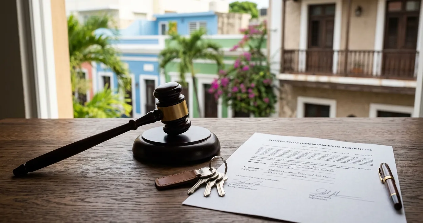 Proceso de desahucio en Puerto Rico - mazo de juez, contrato de alquiler y llaves de vivienda