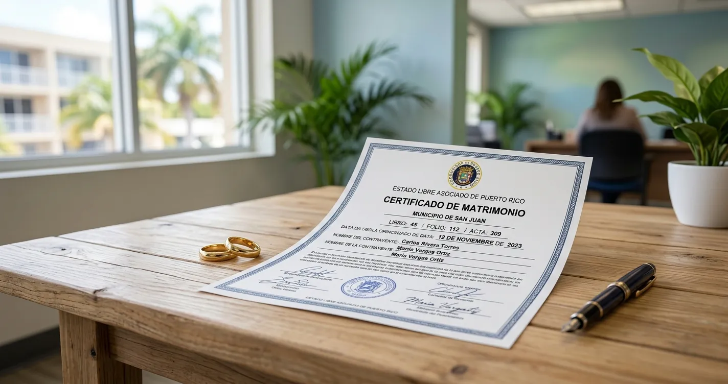 Acta de matrimonio en Puerto Rico - Certificación del Registro Demográfico con anillos de boda