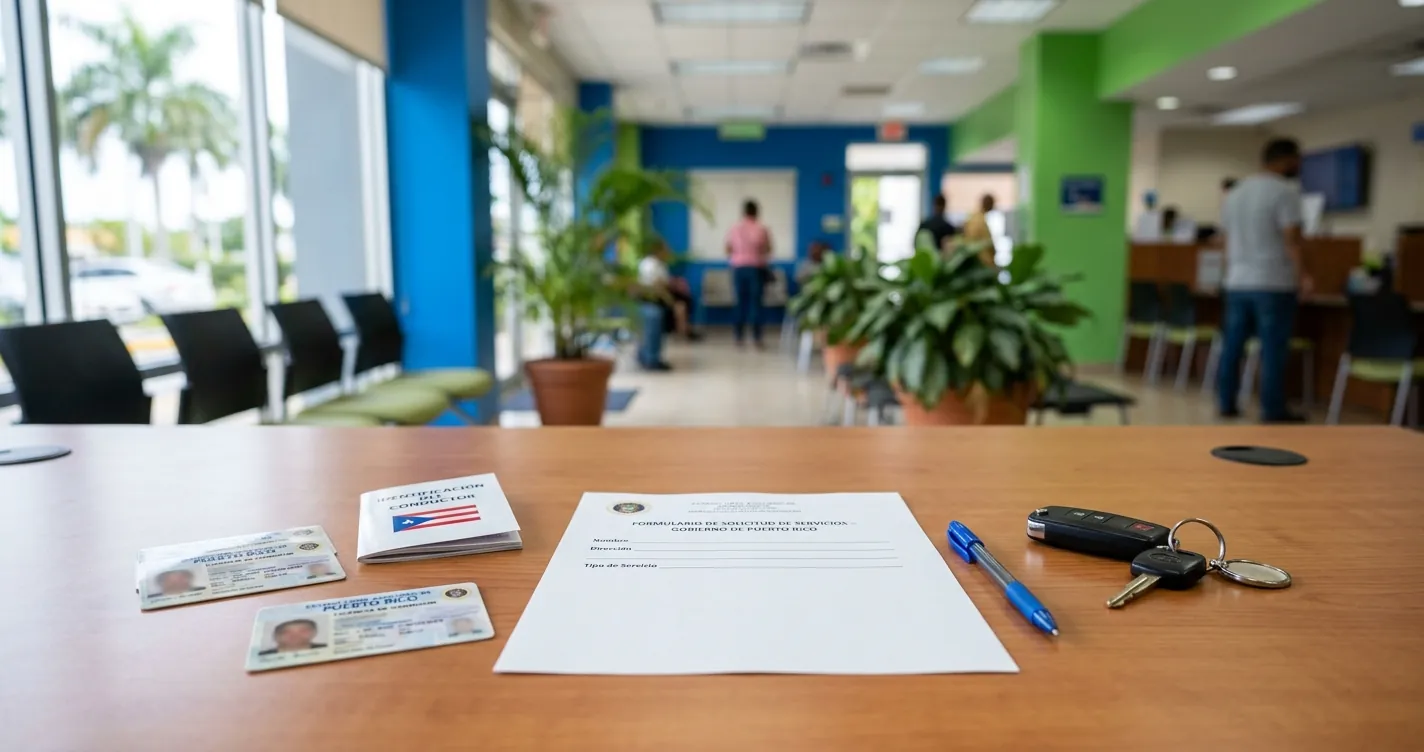 Documentos para renovar licencia de conducir en Puerto Rico sobre escritorio de oficina del CESCO
