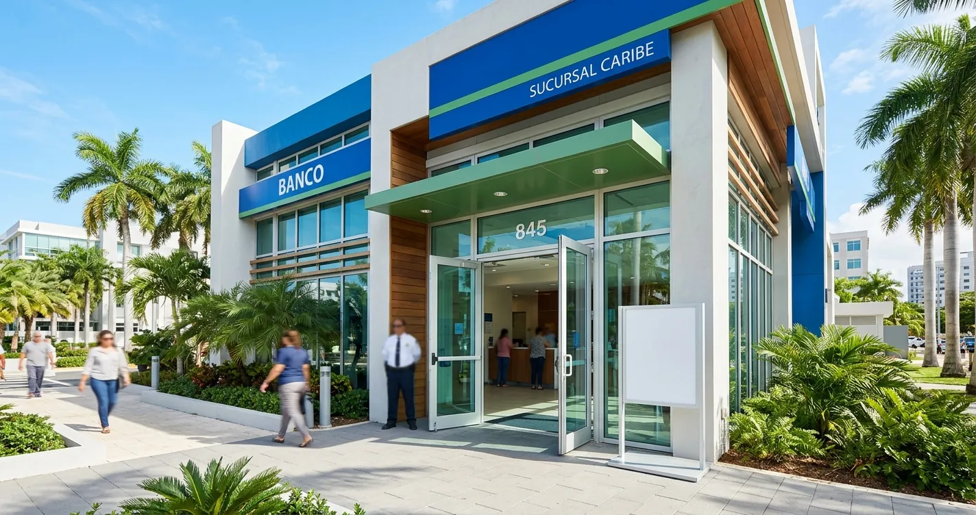 Sucursal de banco abierta hoy en Puerto Rico con entrada de cristal y horario de servicio