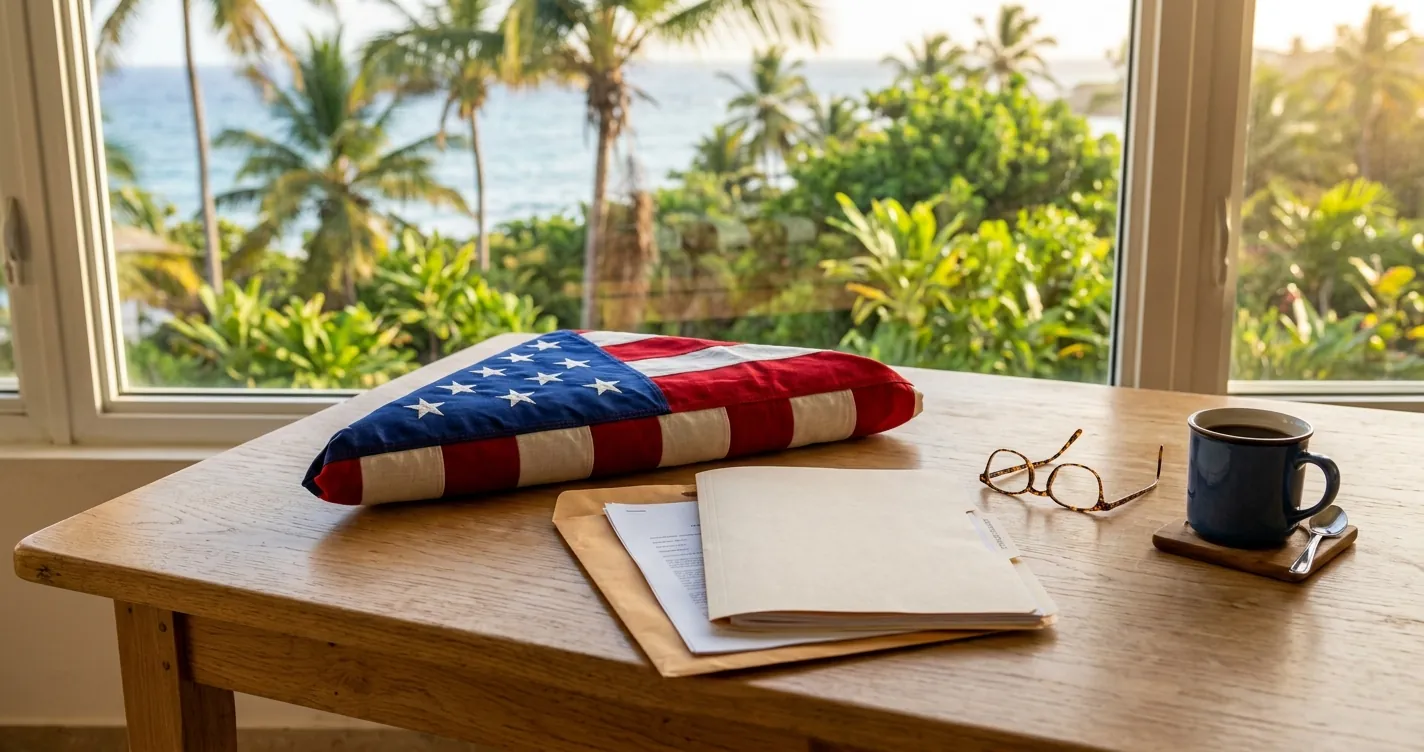 Beneficios para veteranos en Puerto Rico 2026 - documentos del VA, bandera doblada y carpeta de trámites sobre una mesa