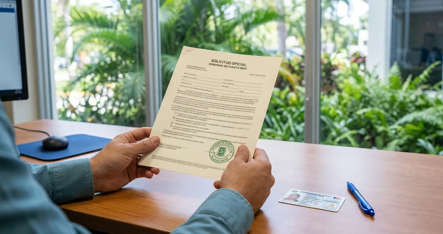 Certificado de antecedentes penales en Puerto Rico sobre escritorio con identificación
