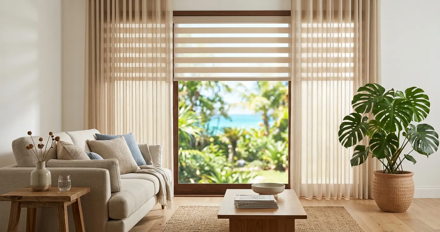 Cortinas modernas en Puerto Rico instaladas en el ventanal de una sala luminosa