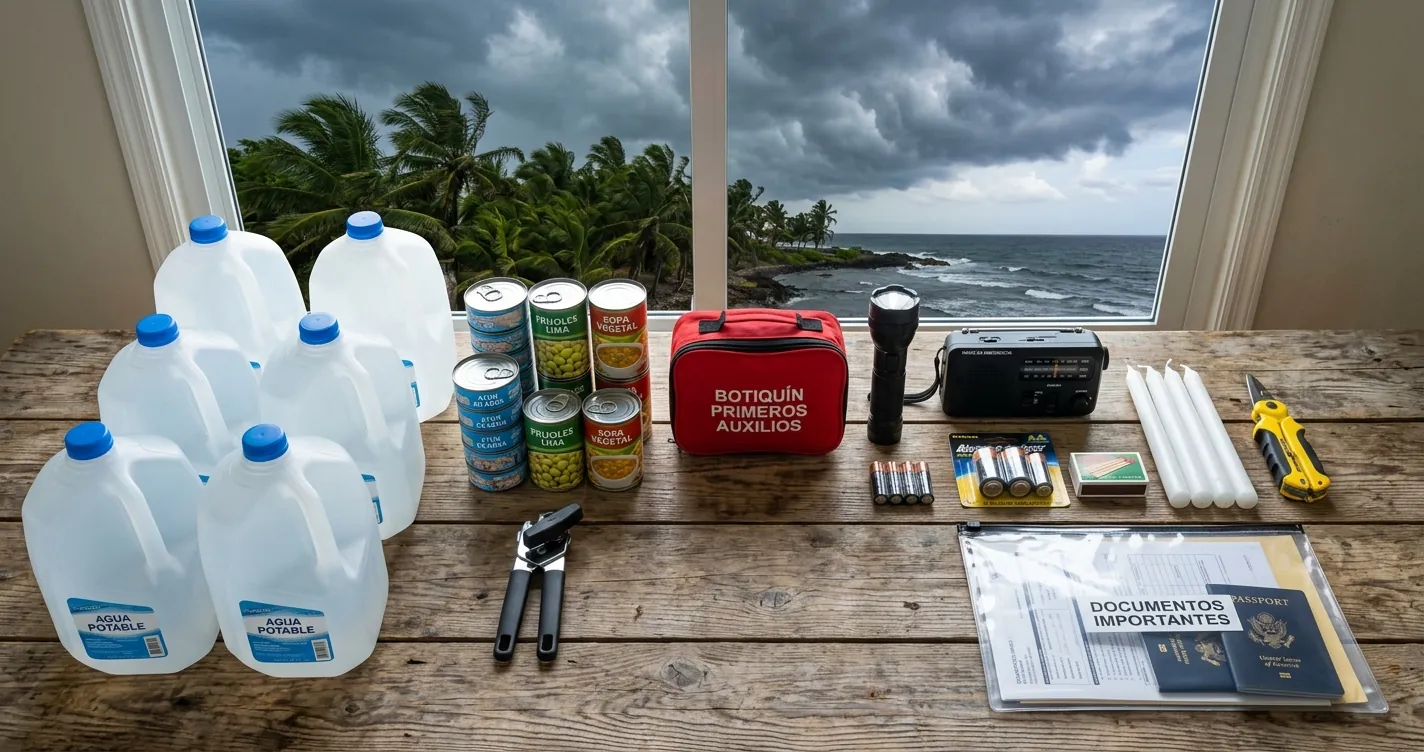 Preparación para huracanes en Puerto Rico: kit de emergencia con agua, alimentos, linterna y radio listo para la temporada