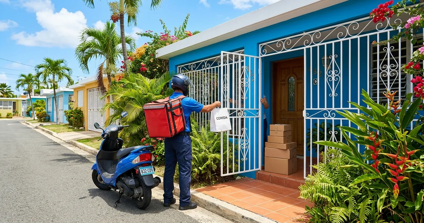 Compañías de delivery en Puerto Rico: repartidor entregando comida y paquetes en una urbanización de la isla