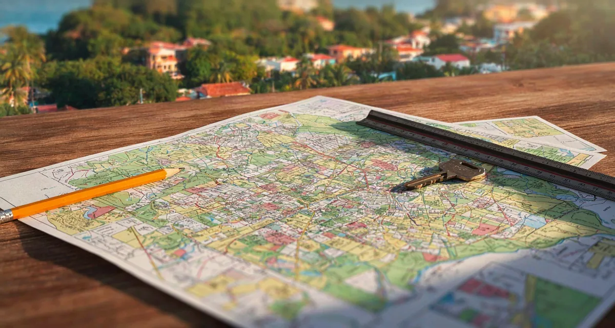 Codigos de zonificacion en puerto rico 2026: mapa de calificación de un municipio sobre mesa de trabajo con lápiz y llave de casa