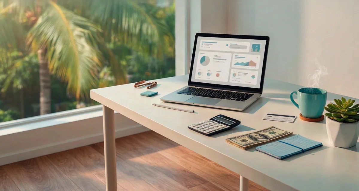 PenFed Puerto Rico 2026: escritorio con laptop, tarjeta de crédito sin marca y calculadora para comparar tasas de préstamos y cuentas de ahorro