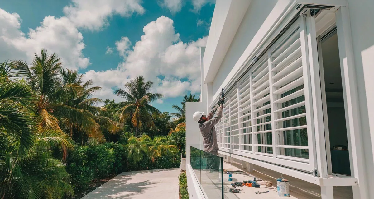 Ventanas de seguridad en Puerto Rico 2026: casa con shutters de huracán de acordeón y ventanas de aluminio con cristal de impacto recién instaladas