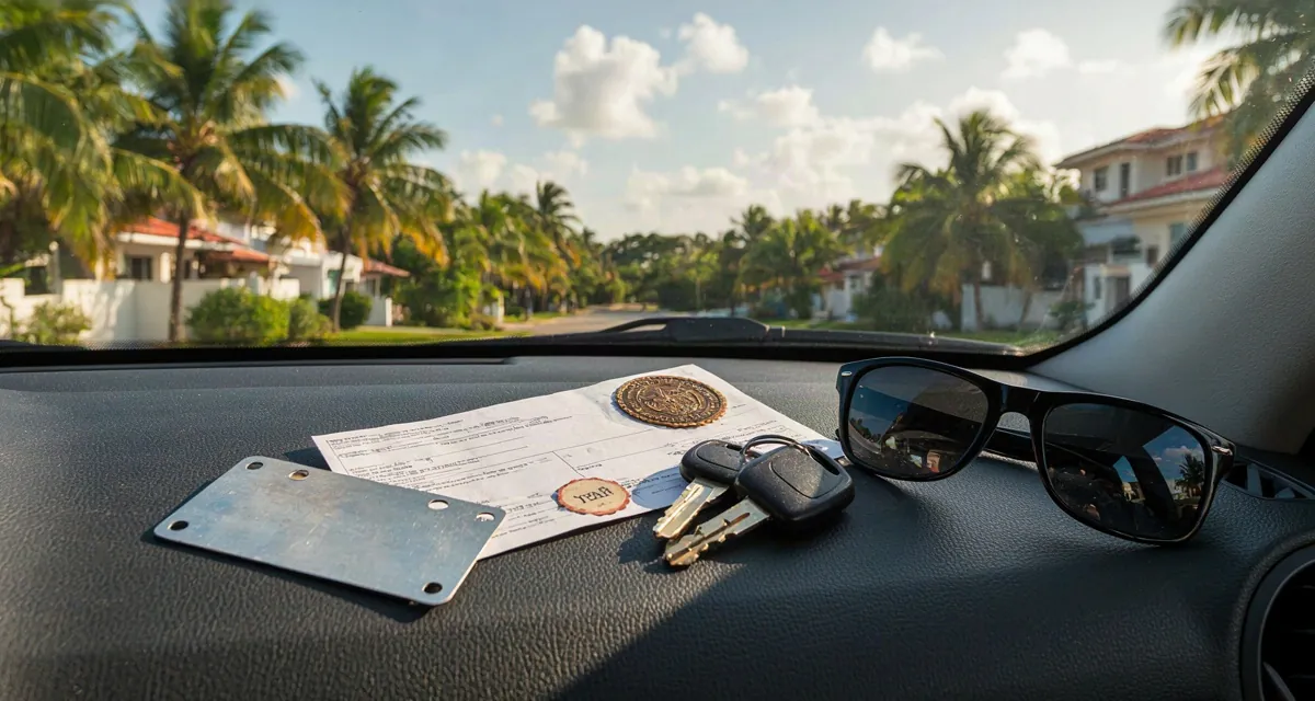 Licencia de vehiculo en puerto rico 2026: hoja oficial del DTOP con la tablilla y el marbete sobre el tablero del auto