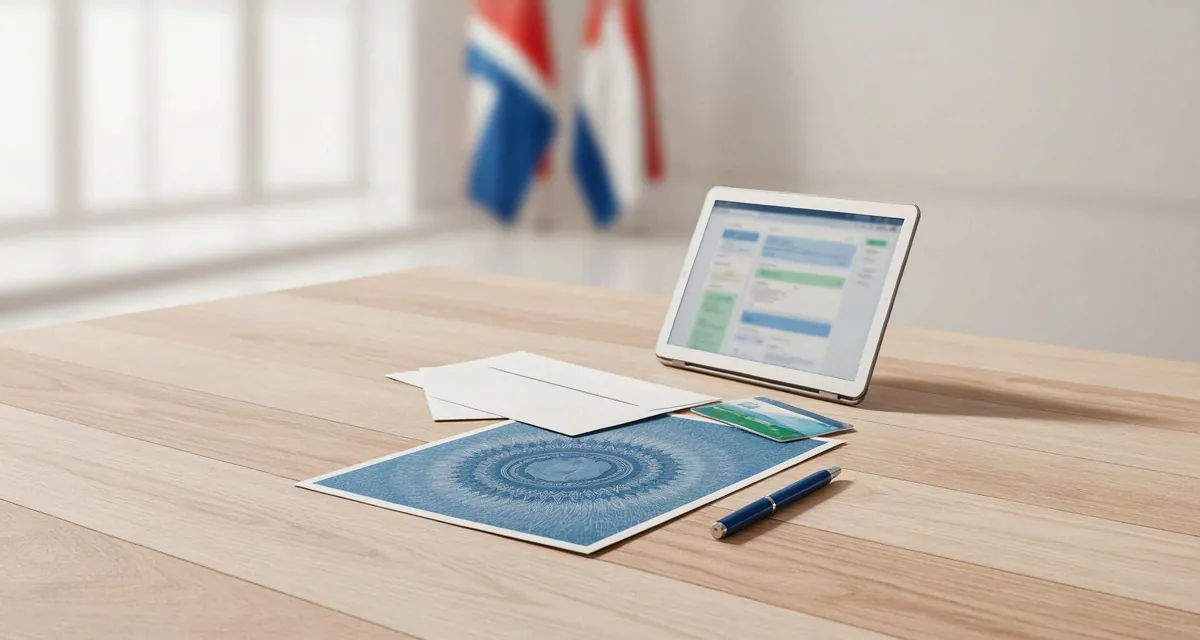 Certificado de nacimiento online en Puerto Rico 2026: certificación azul del Registro Demográfico junto a una laptop, un sobre postal y una identificación vigente sobre un escritorio