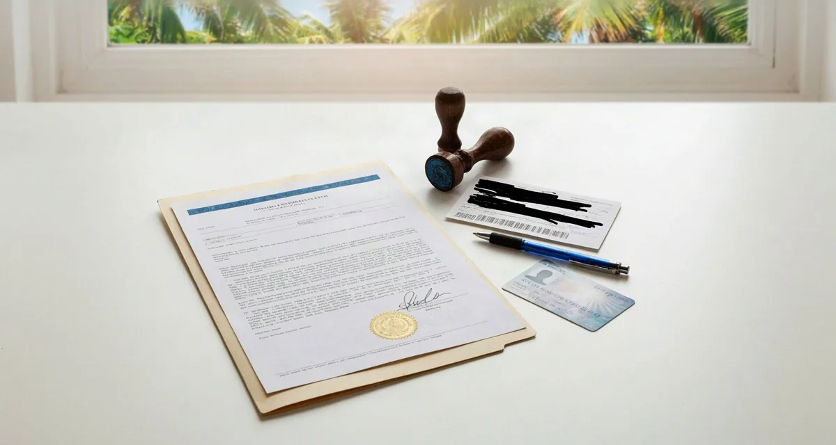 Certificado de residencia en Puerto Rico: carta de residencia municipal sellada sobre un escritorio junto a comprobantes de domicilio y una licencia de conducir