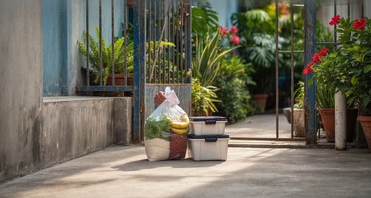 Entregas de alimentos a domicilio en Puerto Rico: comestibles y comida preparada en la puerta de una casa
