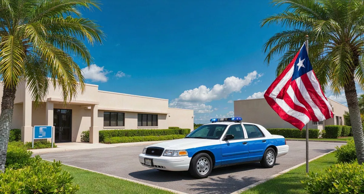 Policia de Puerto Rico: patrulla del Negociado de la Policía frente a un cuartel estatal en Puerto Rico, con bandera de PR al fondo