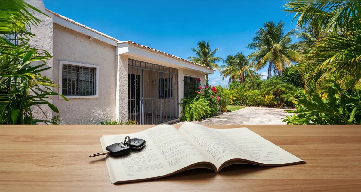 Universal Insurance en Puerto Rico: póliza de seguro de auto y hogar sobre un escritorio, con una casa puertorriqueña y palmeras al fondo