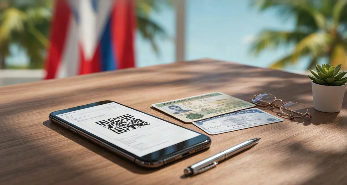Certificado de buena conducta en Puerto Rico: PDF oficial con código QR en la pantalla de un celular junto a una licencia del DTOP