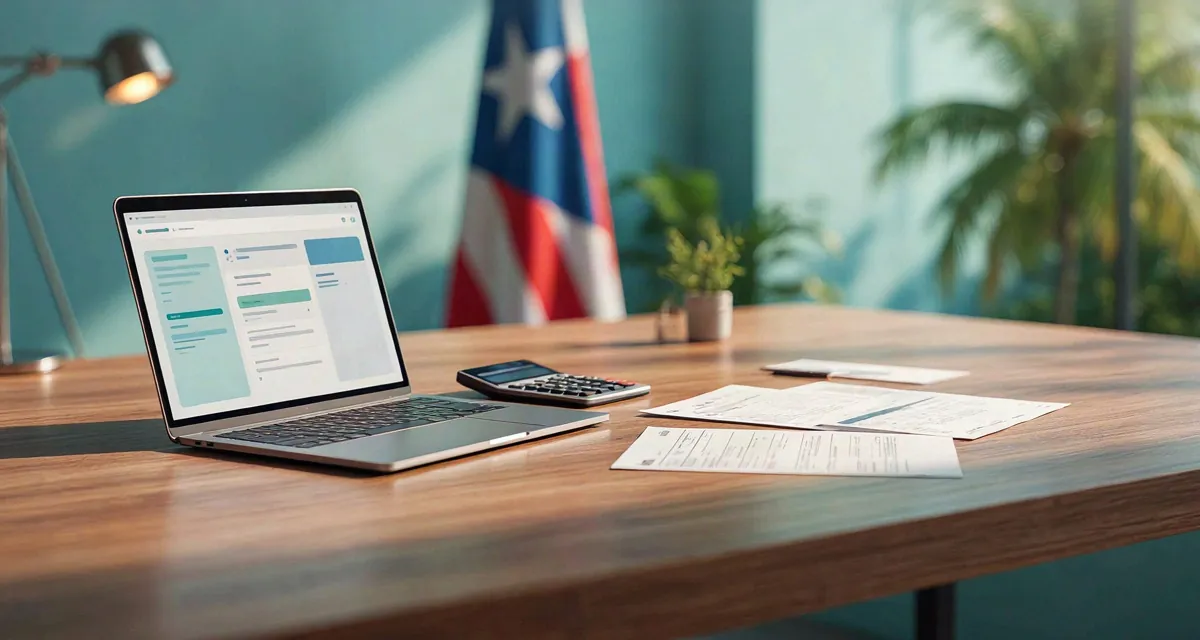 SURI Hacienda PR: portal del Departamento de Hacienda en la pantalla de una laptop junto a documentos de planilla y un W-2 sobre un escritorio
